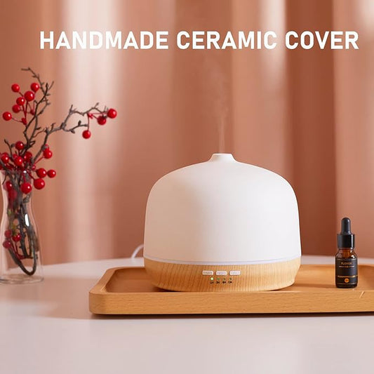 Ceramic Essential Oil Diffusers for Home Large Room, Aromatherapy Scent Air Diffuser Ultrasonic Aroma Defusers 500ml with Timed—Wood