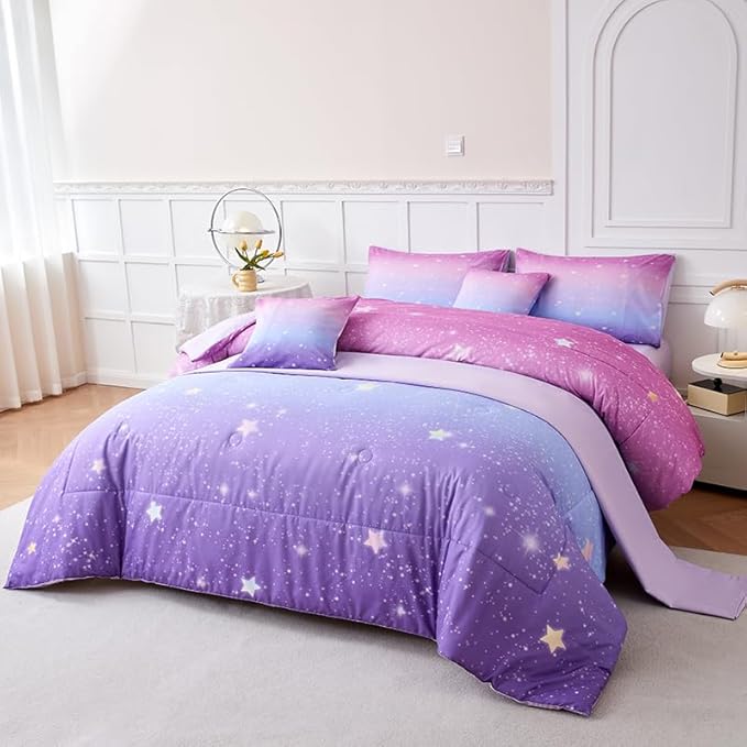 7PCS Purple and Pink Comforter Sets Full Girls Galaxy Comforter Full,Girls Bedding,Bed in a Bag with Flat Sheet and Fitted Sheet,Pillowcases,Cushions for Girl,Purple Bedding Sets