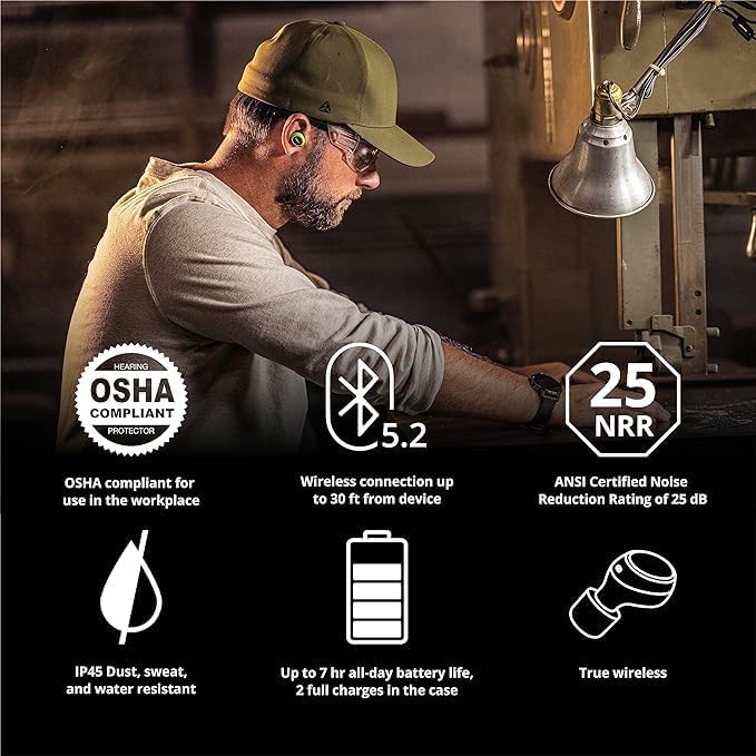 ISOtunes Free 2.0 Bluetooth Hearing Protection Earbuds - 25 dB NRR OSHA Approved Earbuds, Wireless Bluetooth Earplug Headphones for Work
