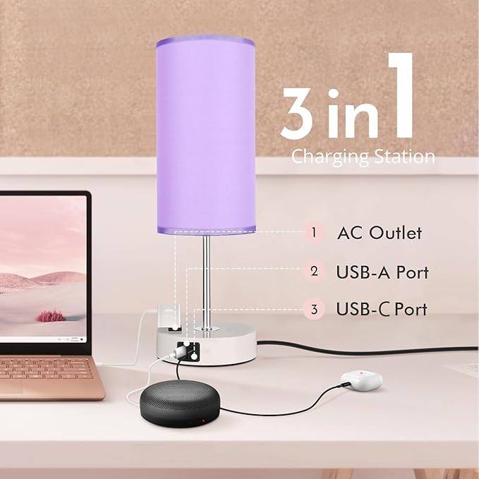 Bedside Table Lamp with USB Port - Touch Desk Lamp for Bedroom, 3 Way Dimmable Small Nightstand Lamp for Living Room, Bedroom Lamps for Room Decor, Purple
