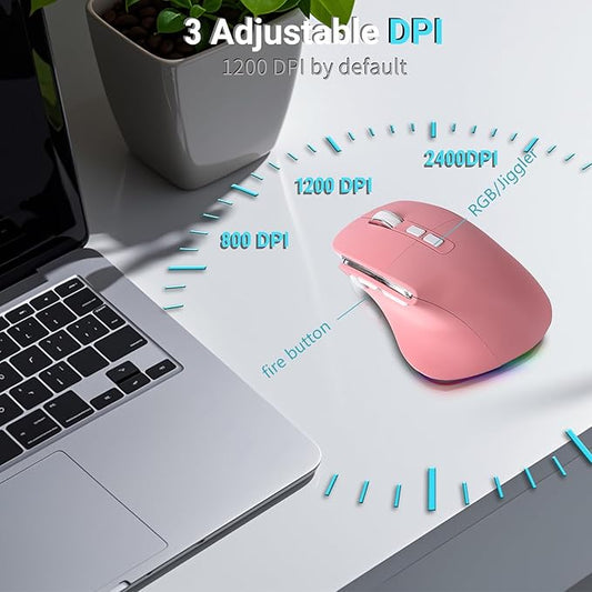 Ergonomic Mouse Jiggler,Bluetooth Vertical Wireless Mouse,LED Rechargeable Optical Computer Mice, Portable(BT5.2 or USB 2.4GHz) Dual Mode,1000/1600/2400 DPI,8 Buttons for Laptop,PC,Macbook (pink)