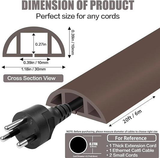 Floor Cord Cover Cable Cavity Self Adhesive Cord Hider Floor 10FT Floor Cable Management Power Cord Protector Floor Electric Cord Covers for Offices, Gym, Exhibitions (CoffeeBrown, 1.18" x 20')