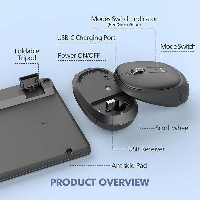 Wireless Keyboard and Mouse Combo for Desktop Mac iPad Bluetooth 2.4 Ghz Rechargeable Silent Click with Number Pad Black Compatible with Pc, Laptop, Tablet (Black)