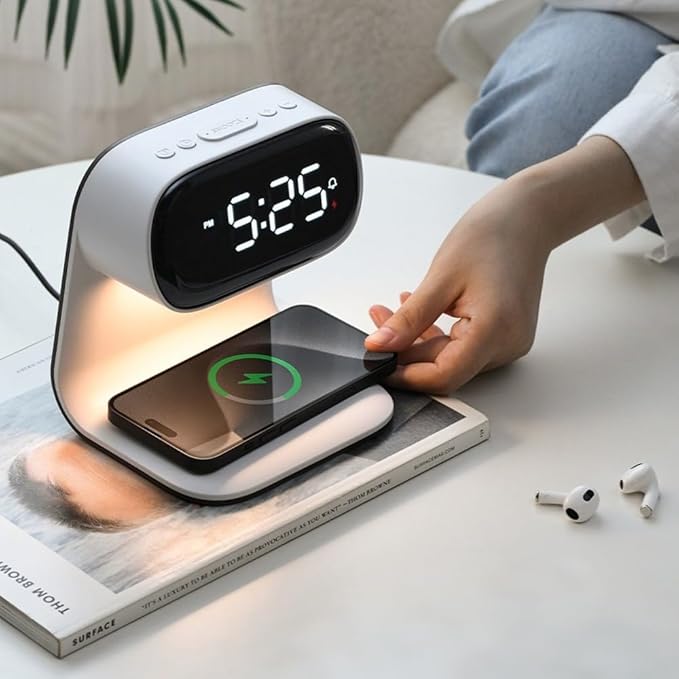 IHAO 3in1 Multi-Functional Wireless Charging Alarm Clock Smart Night Light Qi Charger LED Digital Clock Adjustable Light 15W Fast Wireless Charging for All Qi Phone and TWS Headphone