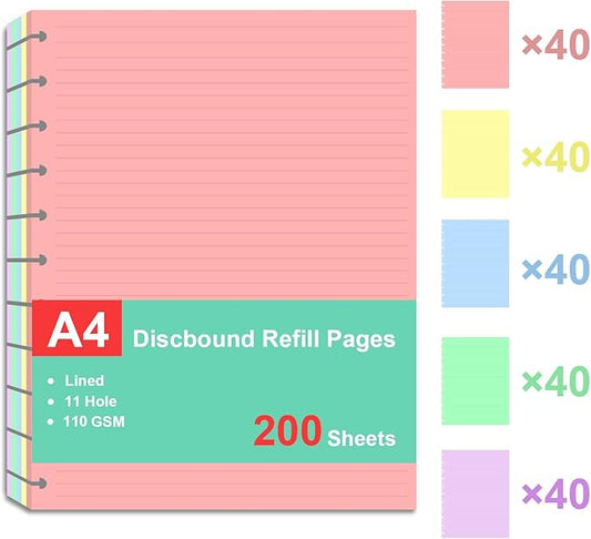 Letter Size Refills Paper, A4 Tul Paper for TUL Note-Taking System Discbound Notebook Planner Inserts, 5 Colors(40 Sheets/C), Total 200 Sheets/400 Pages, College ruled, Tul Paper Refills 8.5 x 11 In