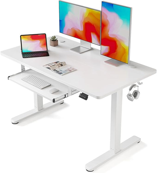 FEZIBO Standing Desk with Keyboard Tray, 48 x 24 Inch Adjustable Height Sit Stand Desk with Memory Presets for Home Office, Ergonomic Computer Workstation, White