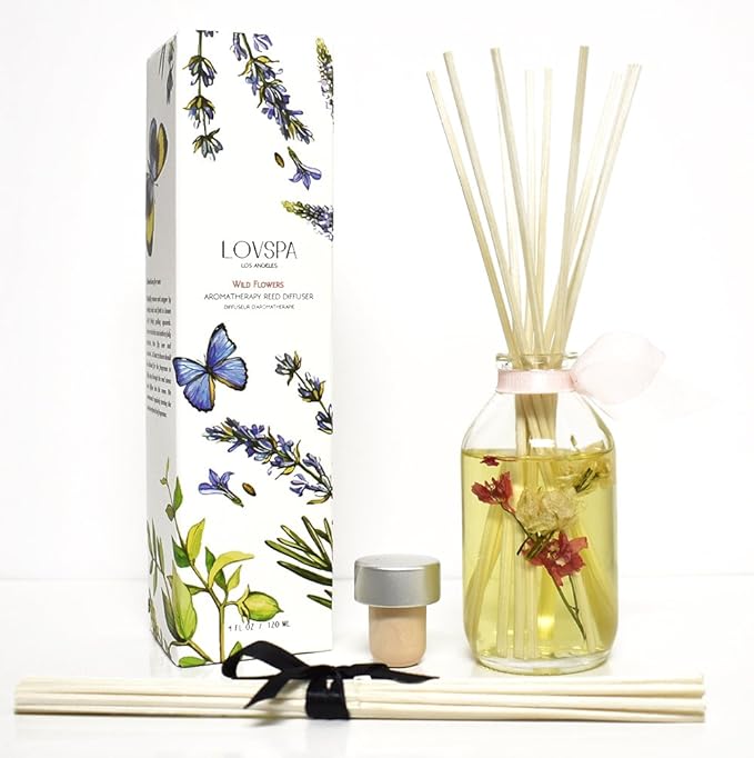 LOVSPA Reed Diffuser Set, Wild Flowers Scented Oil Diffuser with Sticks, Home Fragrance Accessories for Bathroom Shelf Decor, Aroma Diffusers for Home or Office Desk, USA Made