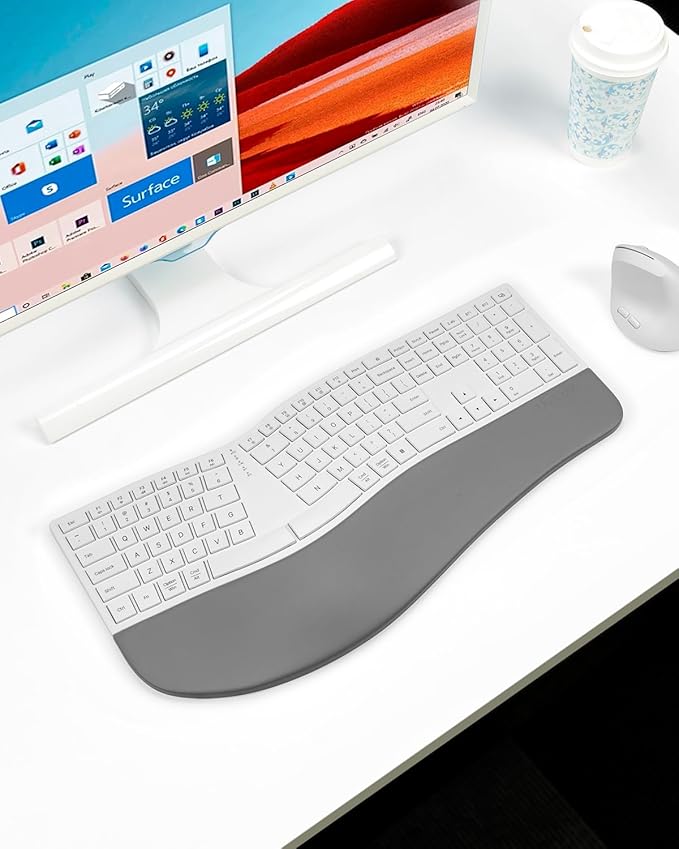DeLUX Full Size Wireless Ergonomic Keyboard with Palm Rest, Ultra-Thin Split Keyboard, Bluetooth and 2.4G Connection, Rechargeable Battery, Natural Typing (GM909-White)
