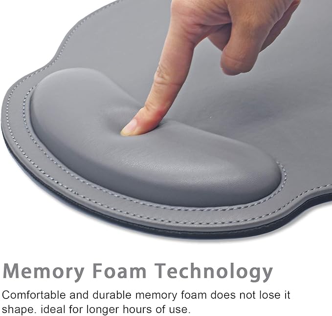 Mouse Pad Leather Wrist Rest Support, Ergonomic Memory Foam Mouse Wrist Rest Pad with Non Slip Rubber Base, Durable, Comfortable Mousepad for Computer Pain Relief at Home, Office, Work Travel, Grey