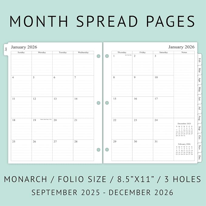 newestor 2025-2026 Monthly Planner Refill for 3 Ring Binder, Sep 2025 - Dec 2026, Two Pages Per Month, 8-1/2" x 11", Monarch/Folio Size 5