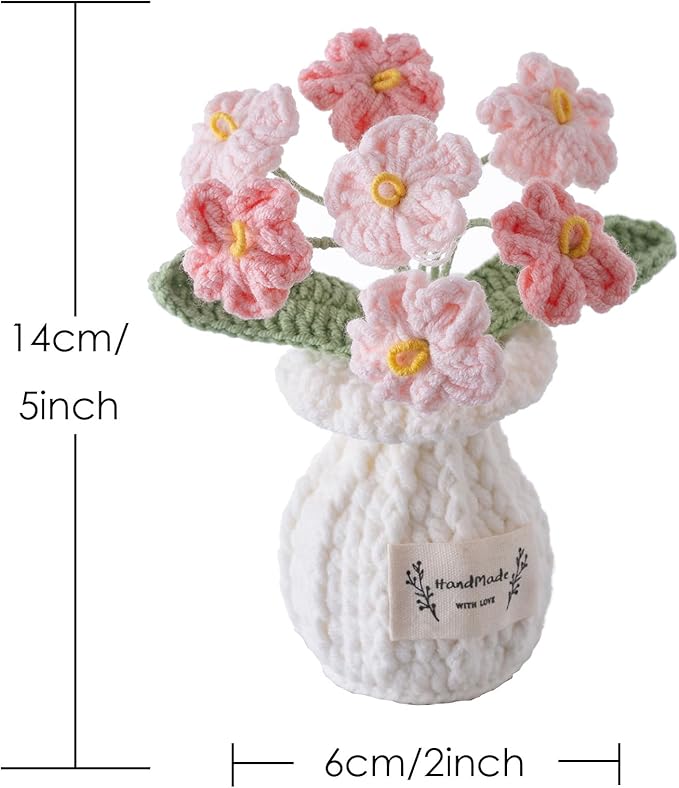 Handmade Crochet Flowers, 5 Inches Small Potted Plants, Knitted Desk Decorations for Home Office Decor (Forget-Me-Not)