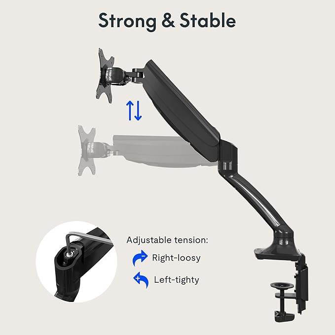 FlexiSpot Single Monitor Stand for Desk Adjustable Spring Vesa Monitor Mount with C Clamp for 10 to 27 Inch Computer Screens Heavy Duty Monitor Arm Hold up to 3.3 to 11lbs, Black