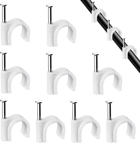 Cable Clips, 100 Pcs, 7mm, Wire Wall Clips with Steel Nails, Cable Management Organizer Clips, Cable Tacks Coax Holder Clips, RG6 RG59 CAT6 RJ45 Cable Cord Clips, White