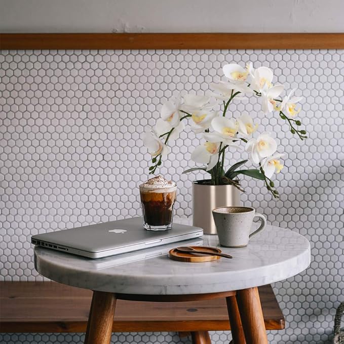 LESING Potted Artificial Orchid Flowers,Real Touch White Fake Artificial Orchid Flower in Silver Vase Arrangement for Table Living Room Decoration (White,Silver Vase)