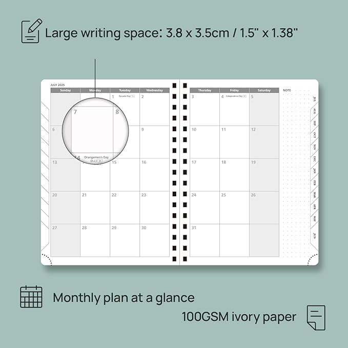 POPRUN Planner 2025-2026 Weekly Notebook (Medium 8.5''x 6.5''), Academic Calendar (JUL.25 - JUN.26) Appointment Book with Monthly Tabs, Spiral Soft Cover, Inner Pocket, 100 GSM - Petrol