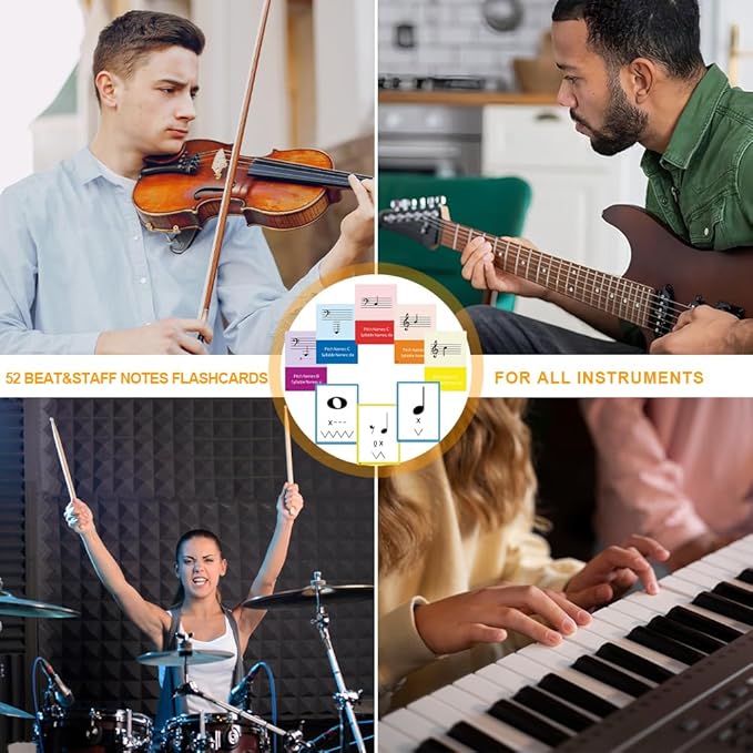 52-Piece Multi-Functional Double-Sided Music Learning Flash Cards Set, 52 Sheets of Staff Musical Note and Music Rhythm Cards, Suitable for All Musical Instruments.