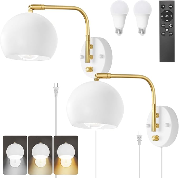 Wall Sconce with Remote Control, Plug in Wall Sconces Dimming 0-100% and Adjustable Color Temperature 2700K-6000K, Brushed Brass White Globe Swing Arm Wall Lights with Plug in Cord(2 Bulbs)