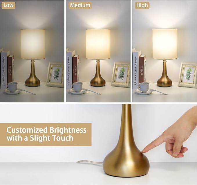 Boncoo Set of 2 Bedside Touch Lamps, 16 Inch Dimmable Small Nightstand Lamp, Night Light Lamp Simple Touch Table Lamp with Brass Metal Base for Living Room Bedroom Office, A19 3000K Led Bulb Included