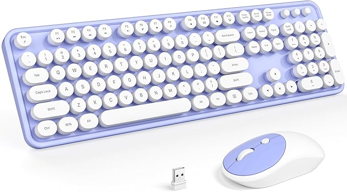 MOFII Wireless Keyboard and Mouse Combo, Typewriter Full-Sized Retro Keyboard and 2.4GHz Connected Mouse for Windows, Computer, Desktop, PC, Notebook, Laptop (Purple)