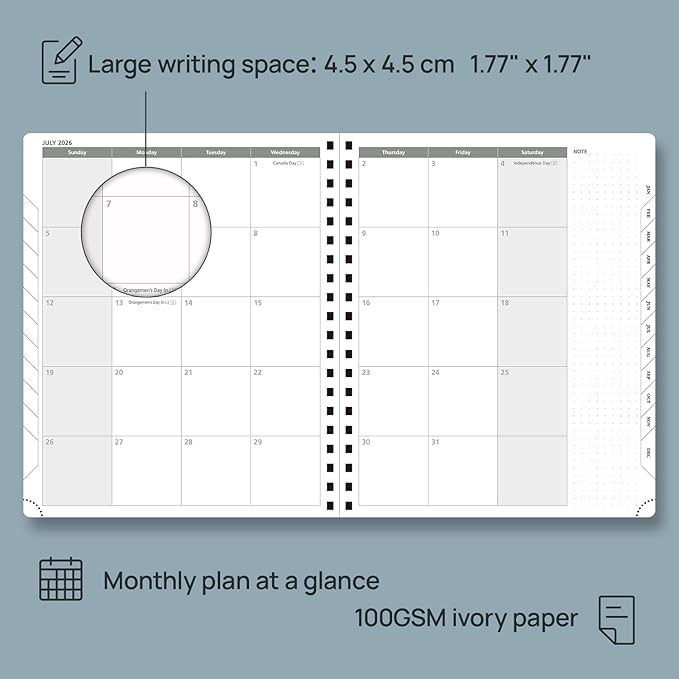POPRUN 2026 Planner Weekly Notebook Calendar (Jan-Dec), Large Size 8.5'' x 10.5'' - Agenda 2026 Appointment Book with Monthly Tabs, Inner Pocket, Spiral Soft Cover, 100 GSM TJ - Lilac