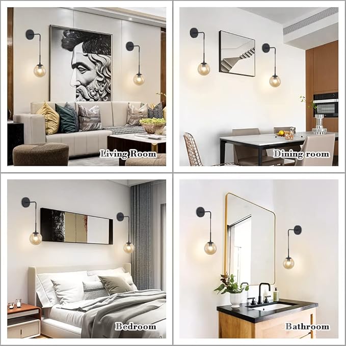 BOKT Matte Black Amber Glass Round Wall Sconce Light Mid Century Modern Globe Bathroom Wall Sconce Lamp Farmhouse Industrial Adjustable Bar Wall Light Fixture (Black+Amber)