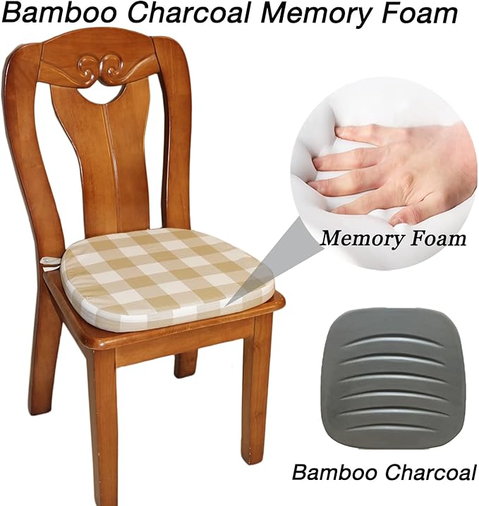 Chair Cushion with Ties for Dining Chairs - Memory Foam Non Slip Kitchen Chair Pad and Seat Cushion with Machine Washable Cover [16.5 x 16.2 Inches] - (Brown White,4)