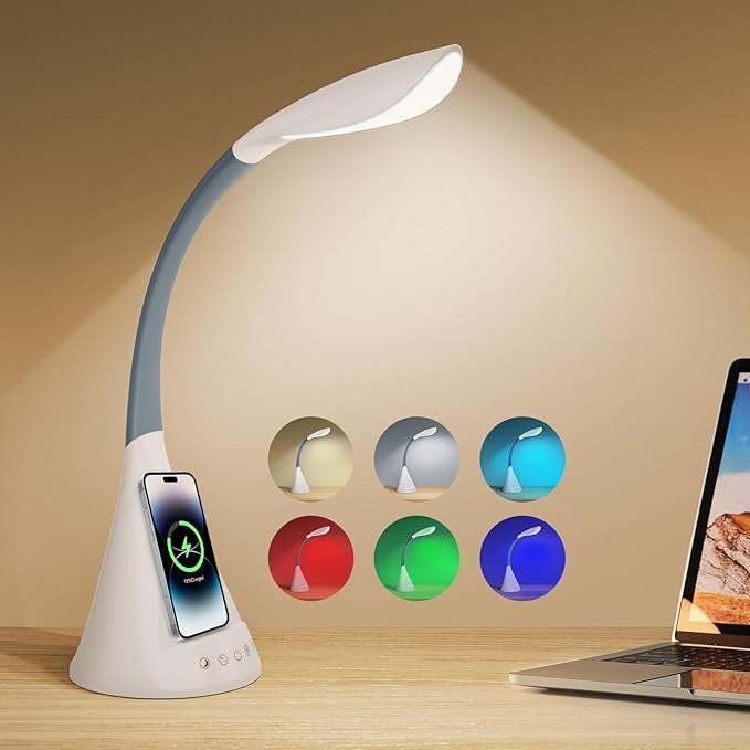 LED Touch Screen Control Desk Lamp, 50 Watt Smart Wireless Fast Charging, 360° Gooseneck Adjustment, 9Amplified Lighting Modes, 5 RGB Scents, Home Office, Reading, Architects Task Lamps