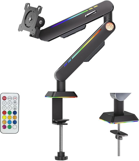 THEARK Single Monitor Mount, Built-in RGB Lights, Adjustable Monitor Arm with USB & Grommet Base, Computer Monitor Stand with LED, for 17″–32″ Screens up to 22 lbs, VESA 75x75 or 100x100mm, Black