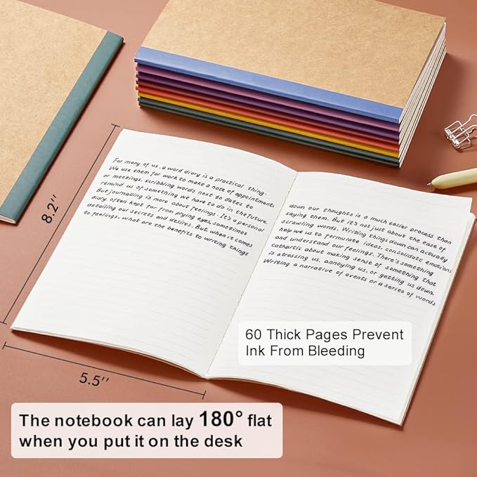 feela 56 Pack Composition Notebooks Bulk, Kraft Cover Lined Blank College Ruled Composition Travel Journals with Jewel Tone Spines For Women Students, 60 Pages, 8.3”x 5.5”, A5, 8 Vintage Colors
