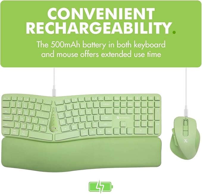 X9 Green Ergonomic Keyboard Mouse Wireless Combo - Type Comfortably Longer - 2.4G/Bluetooth Split Keyboard, Multi-Device, Soft Wrist Rest, Rechargeable, Silent Ergo Keys - Laptop, PC, Mac,iOS,Android