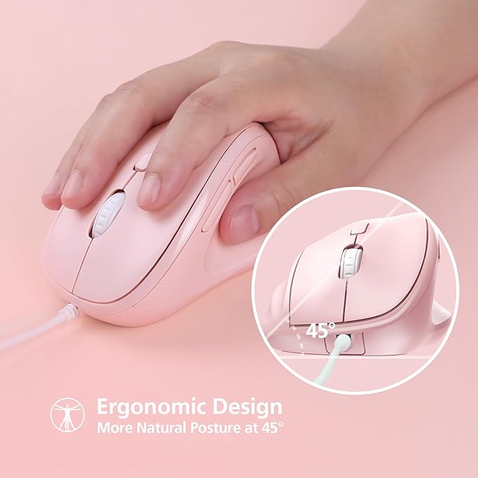 Micropack Ergonomic Mouse Wired for Laptop, PC Computer and Desktop, Ergo Mouse Vertical with Silent Clicks, Up to 3200 DPI Adjustable Mouse Sensitivity, Pink