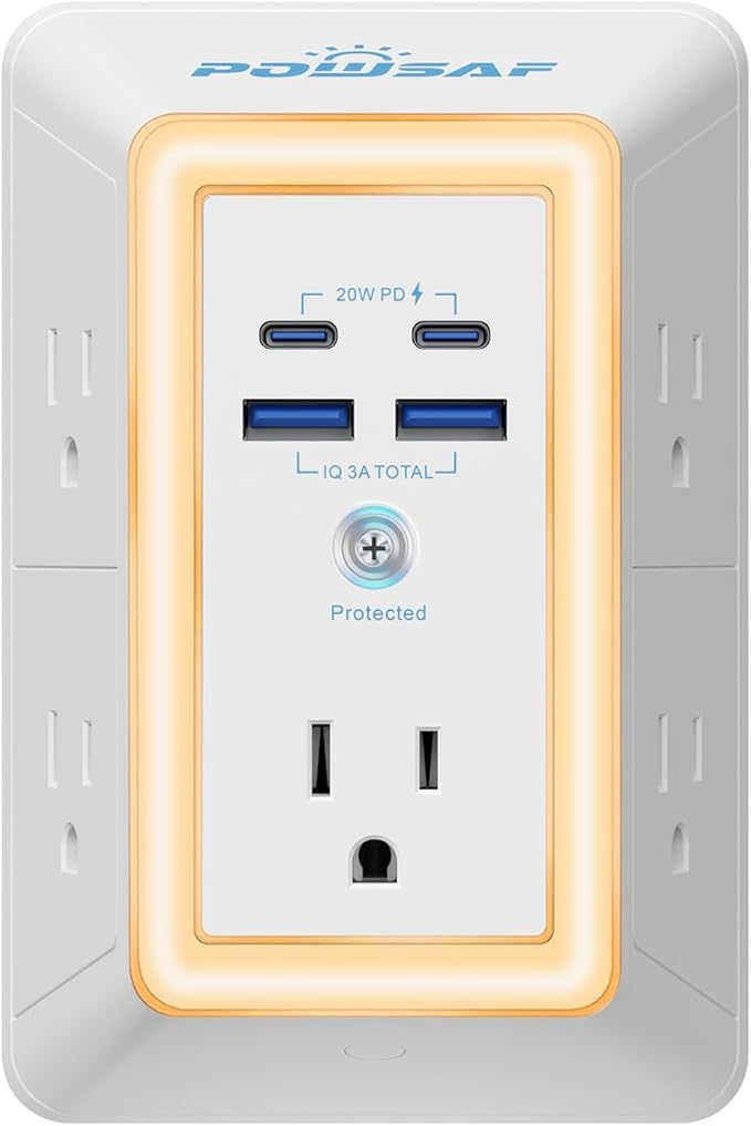Multi Plug Outlet Surge Protector - POWSAF 5 Outlet Extender with 4 USB Ports(2 USB-C PD 20W) and Night Light, 3-Sided Power Strip with Adapter Spaced Outlets - ETL, White