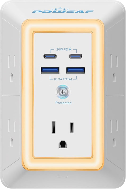 Multi Plug Outlet Surge Protector - POWSAF 5 Outlet Extender with 4 USB Ports(2 USB-C PD 20W) and Night Light, 3-Sided Power Strip with Adapter Spaced Outlets - ETL, White