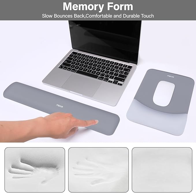 MOSISO Wrist Rest Support for Mouse Pad&Keyboard Set, Rectangular Ergonomic Mousepad Non-Slip Base Home/Office Pain Relief&Easy Typing Pad with Neoprene Cloth&Raised Curved Memory Foam, Gray
