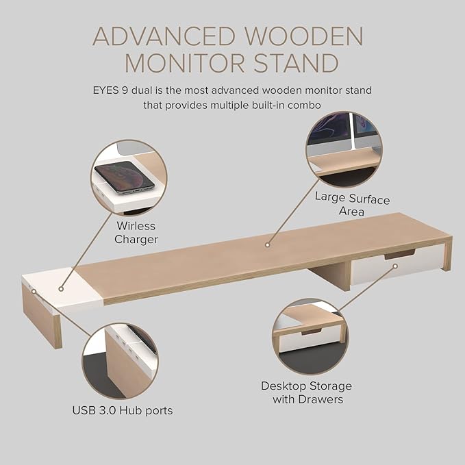 POUT E9 Dual Monitor Stand with Drawer - Wireless Charger and USB Hub (Maple White)