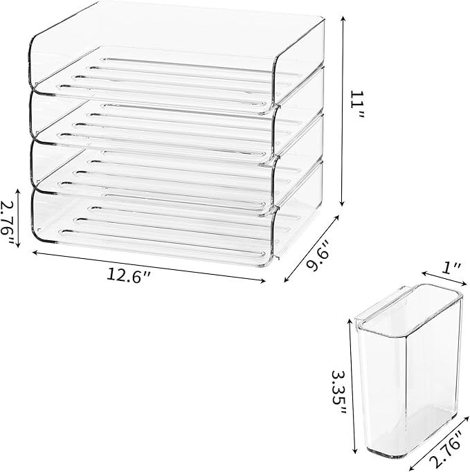 4-Tier Stackable Paper Tray Organizer for Desk with Detachable Hanging Pen Cup - Durable PET Desktop Paper Organizer, Space-Saving Desk Accessory