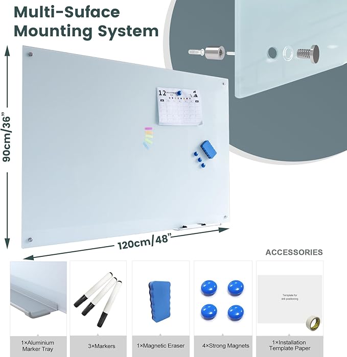 Glass Whiteboard 48"X36" Magnetic Glass White Board Frameless Wall Mounted Dry Erase GlassBoard for Office School Home