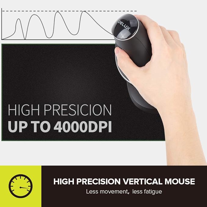 DeLUX Wireless Ergonomic Mouse with 4000DPI, Vertical Mouse with USB Receiver and BT1 + BT2, 6 Buttons and Removable Palm Rest for Laptop Computer and Carpal Tunnel (M618PD-Black)