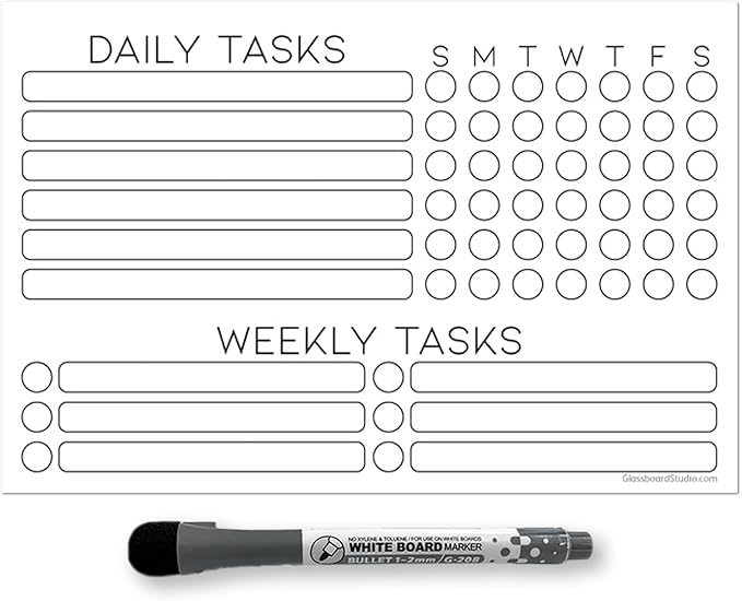 Dry Erase Whiteboard Task Planner by Glassboard Studio | Removable and Restickable Adhesive Decal | Fine-Tip Magnetic Marker Included (6 x 9 inches, White)