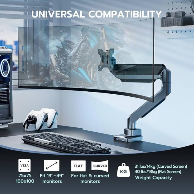 ARES WING Single Monitor Arm, Heavy Duty Adjustable Monitor Arm for 13"-49" Screens with USB, Gas Spring Desk Mount Stand with C Clamp/Grommet Mounting Base up to 40lbs Computer, Gray