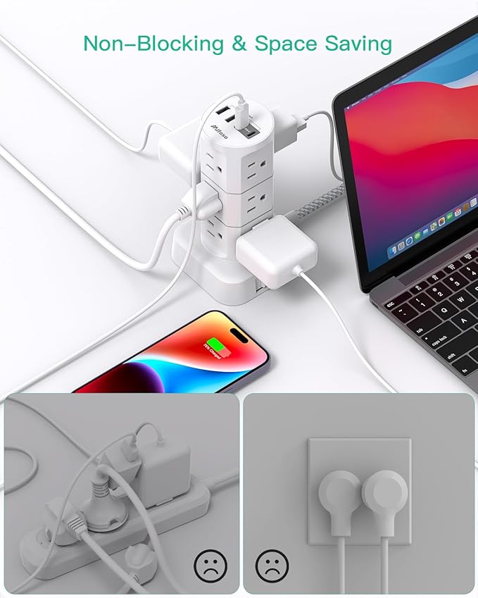 Power Strip Tower, PD20W Charging Station Desk Accessories, Flat Plug, 12 Outlets 4 USB Ports, 1080J Surge Protection, 6Ft Extension Cord with Multiple Outlets, Office Supplies, Dorm Room Essentials