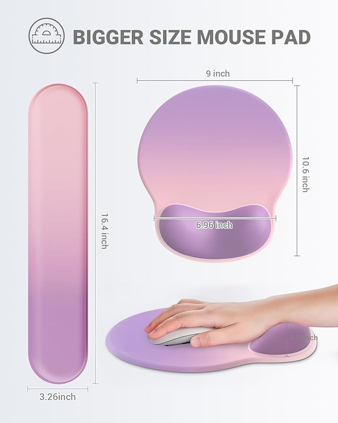 Ergonomic Mouse Pad Wrist Support Set, Memory Foam Keyboard Wrist Rest Set, Keyboard Pad, Non-Slip Base Mousepad(Gradient Pink Purple Set)