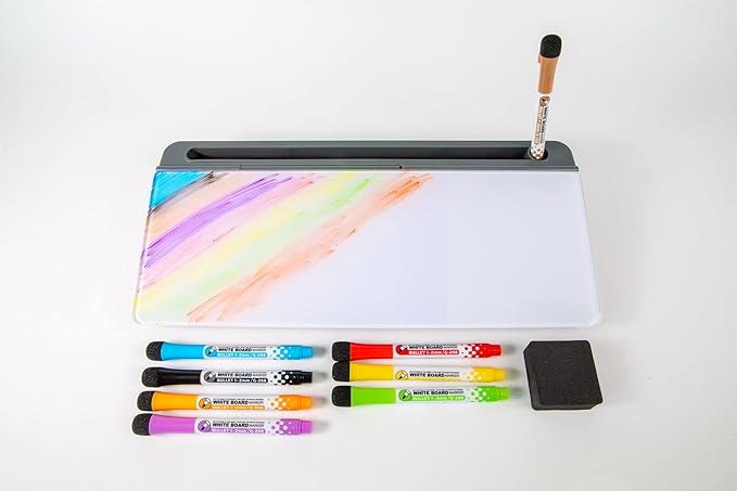 Glassboard Studio Glass Dry Erase Doodle Tray for Desktop Office Supply Storage - Marker and Eraser Included (8 Markers, Gray)