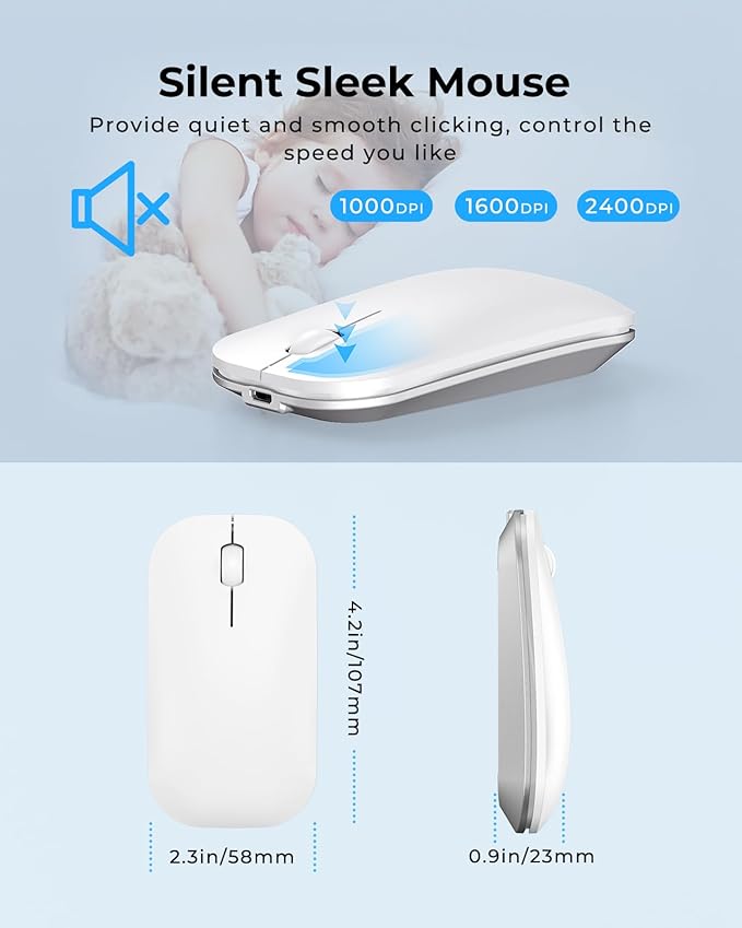 seenda Wireless Bluetooth Keyboard and Mouse Combo (USB + Dual BT), SKM64-3 Multi-Device Rechargeable Slim Keyboard and Mouse, Compatible for Win 7/8/10, MacBook Pro/Air, iPad, Tablet - White Silver