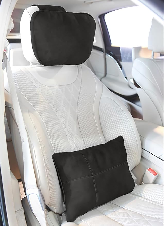 2PCS Car Pillow for Car Neck Pillow for Driving Seat Lumbar Support Soft Cushion with Extra Filling Accessories Back Support for Travel Nap and Trips Sleeping(Black, Head and Lumbar)