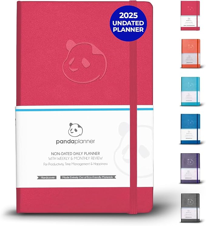 Panda Planner Classic Daily Planner 2025-2026 – Undated Productivity Planner & Hourly Schedule Notebook – Day Planner for Focus, Goals & Organization – Raspberry