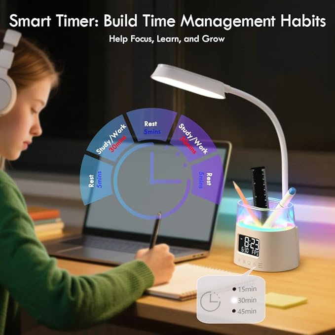 WILIT LED Desk Lamps for Home Office with Pen Holder, Table Lamp for Bedroom with USB Charging Port & Clock, RGB Night Light, Study Lamp for Kids Student, Desk Lamp for College Dorm Room Essentials