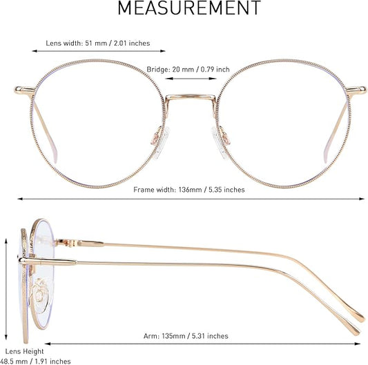 ANDWOOD Blue Light Blocking Glasses Women Men Small Face Computer Clear Bluelight Blocker Super Lightweight Metal Frame Round