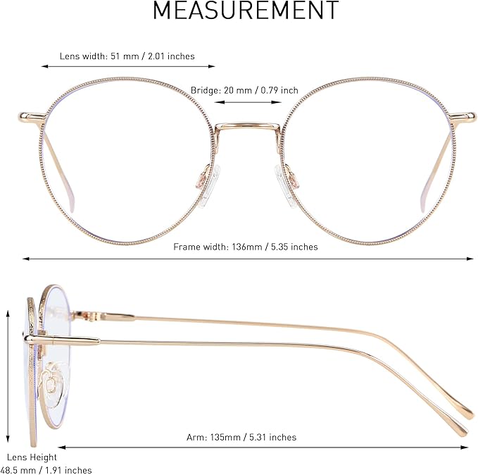 ANDWOOD Blue Light Blocking Glasses Women Men Small Face Computer Clear Bluelight Blocker Super Lightweight Metal Frame Round