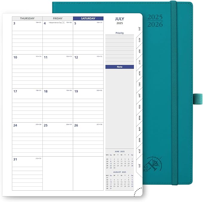 POPRUN Monthly Planner 2025-2026, Large-8.5'' x 11.25'', 13-Monthly Calendar Book (July 2025-July 2026) Academic Calendar Planner with Stair Tabs, PU Leather Soft Cover, 100GSM - Pacific Green